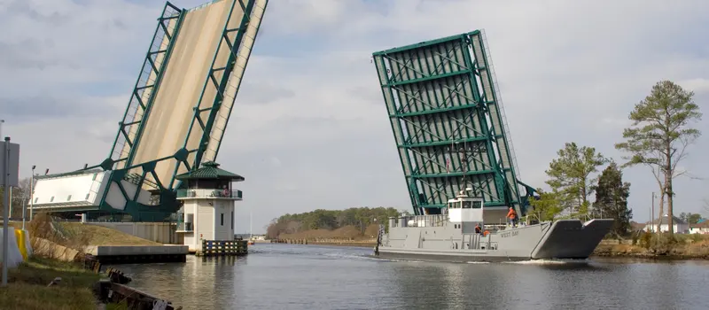 The Great Bridge drawbridge open on the Intracoastal Waterway in Chesapeake