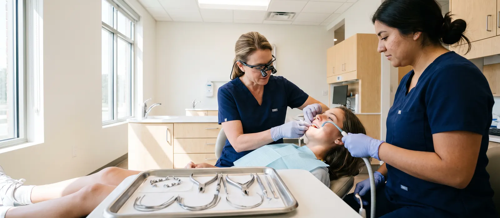 An orthodontist in loupes adjusts a patient's braces while an assistant holds suction, instruments on a tray in the foreground